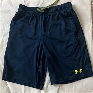 Under Armour Boys Dark Blue Athletic Shorts with Neon Accents